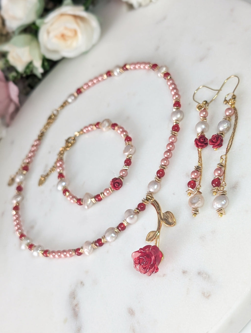 Rosalia – Freshwater Pearl & Red Jade