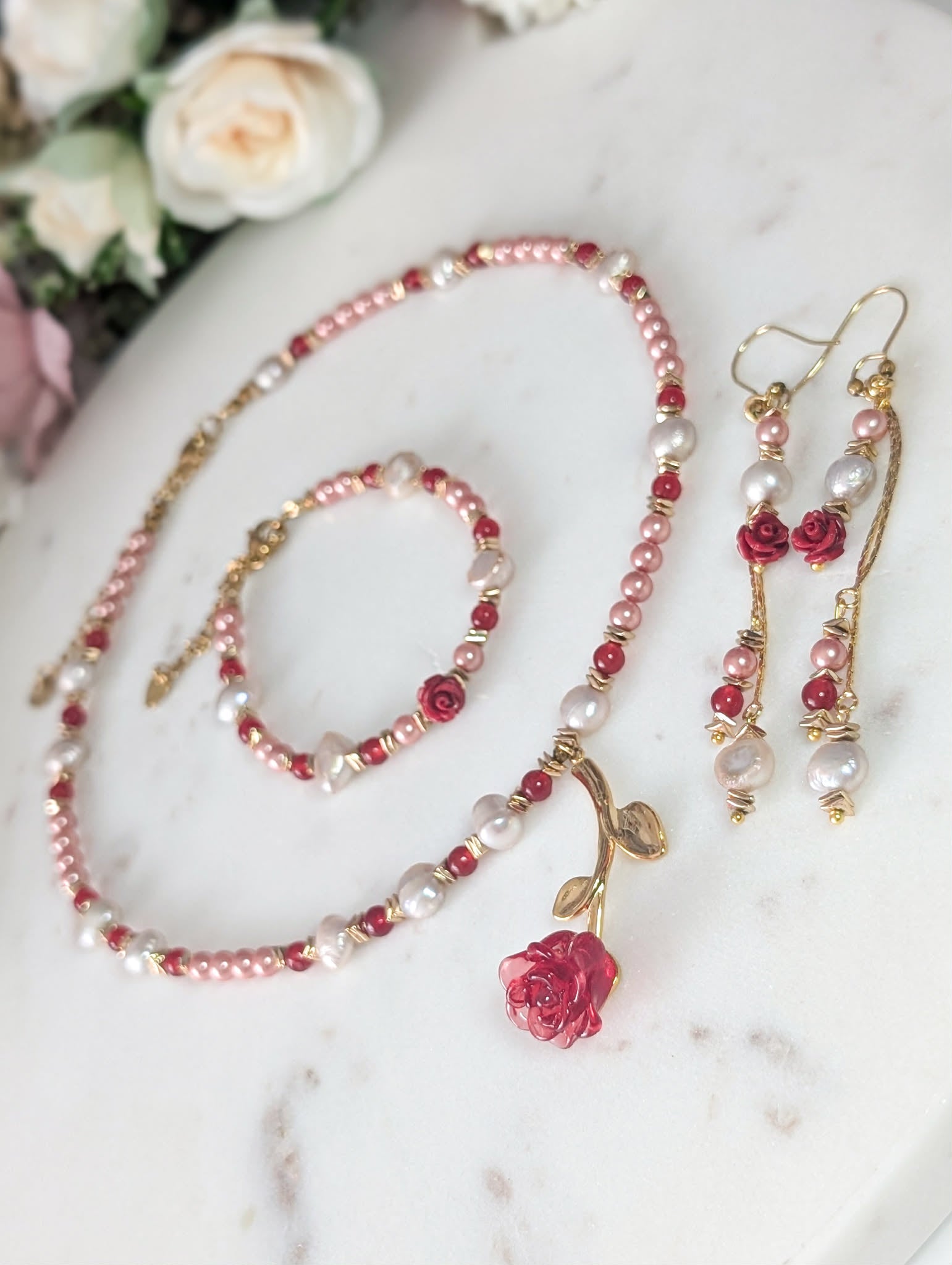 Rosalia – Freshwater Pearl & Red Jade