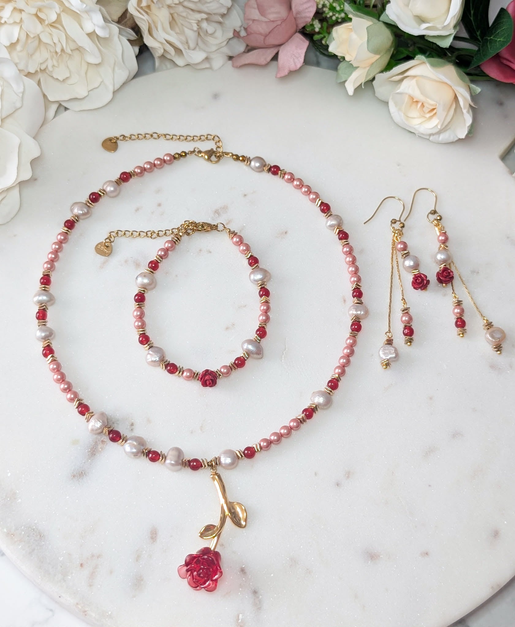 Rosalia – Freshwater Pearl & Red Jade