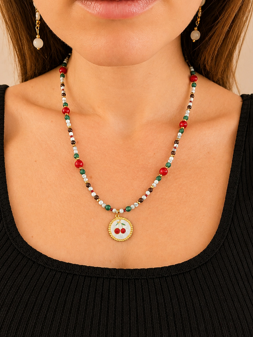 Cherry Charm  - Howlite & Malaysian Green Jade & Garnet
