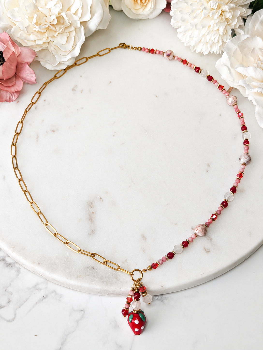 Strawberry Bliss - Rose Quartz + Red Jade + Druzy Quartz + Pink Opal