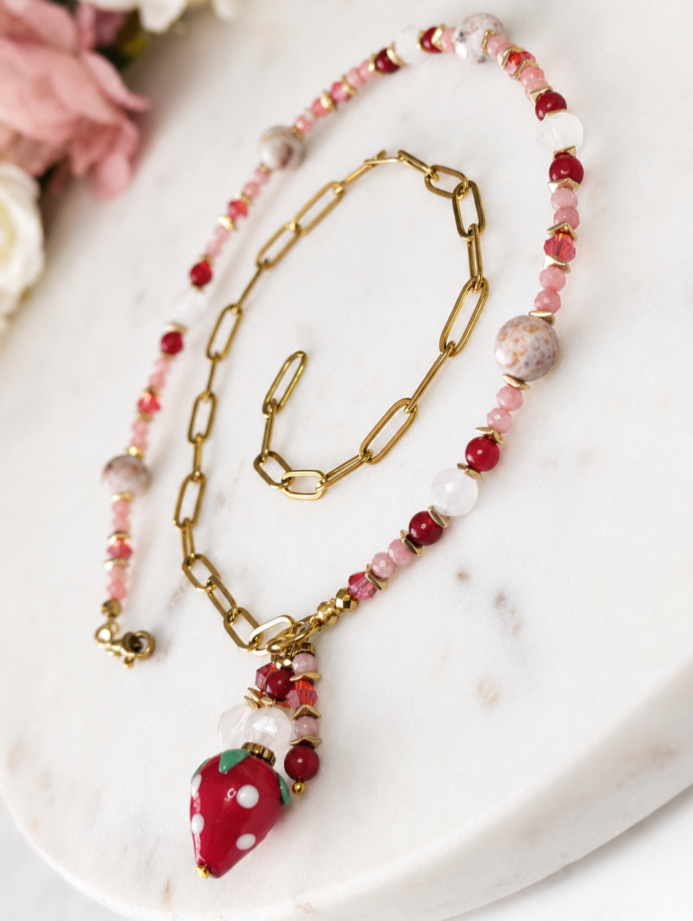 Strawberry Bliss - Rose Quartz & Red Jade & Druzy Quartz & Pink Opal