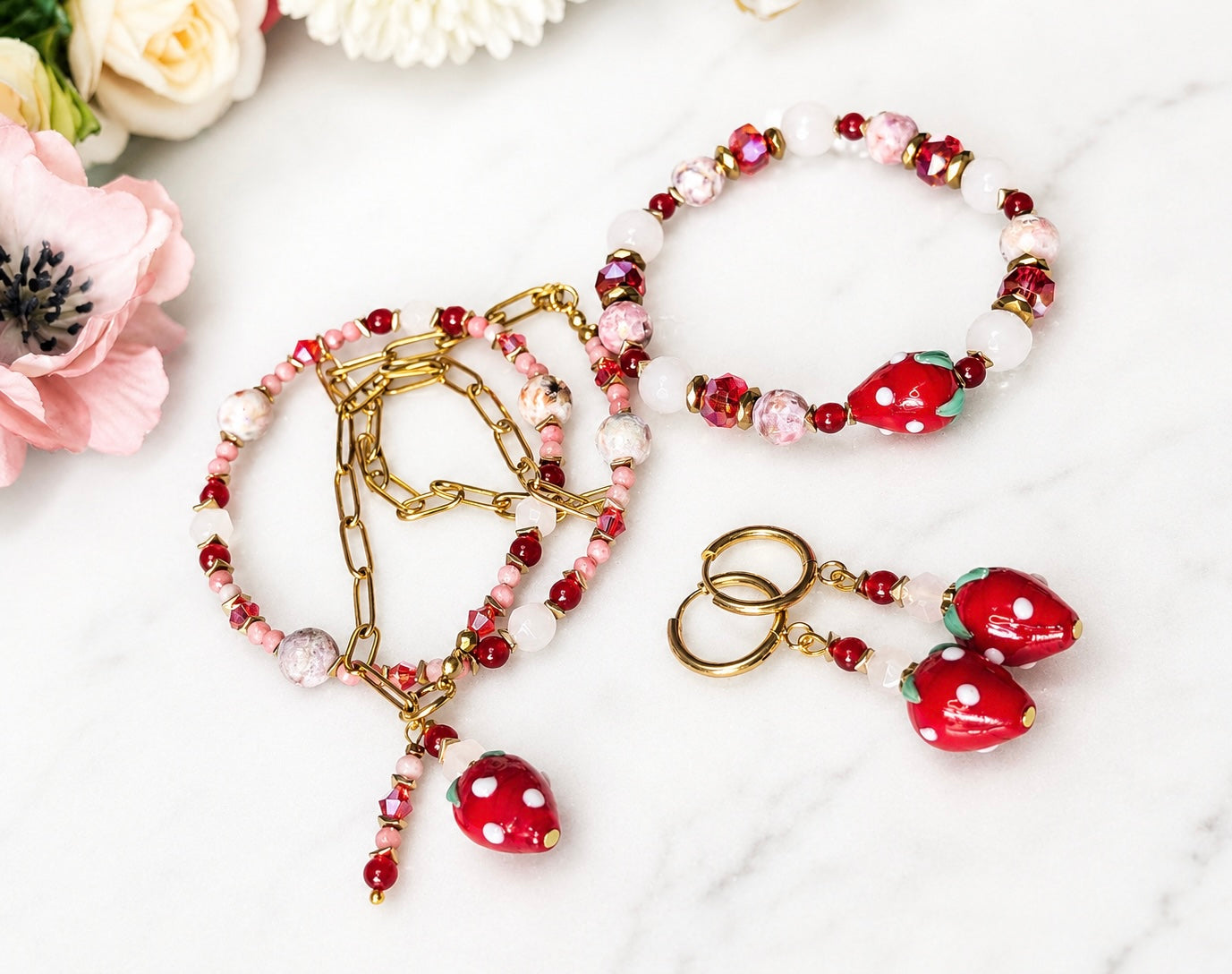 Strawberry Bliss - Rose Quartz & Red Jade & Druzy Quartz