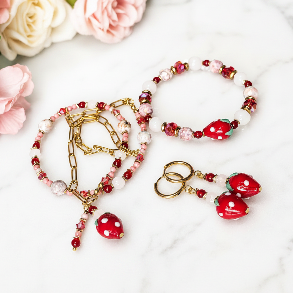 Strawberry Bliss - Rose Quartz + Red Jade + Druzy Quartz + Pink Opal