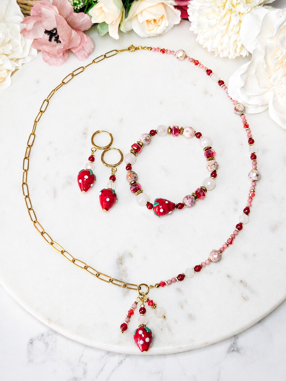 Strawberry Bliss - Rose Quartz + Red Jade + Druzy Quartz + Pink Opal
